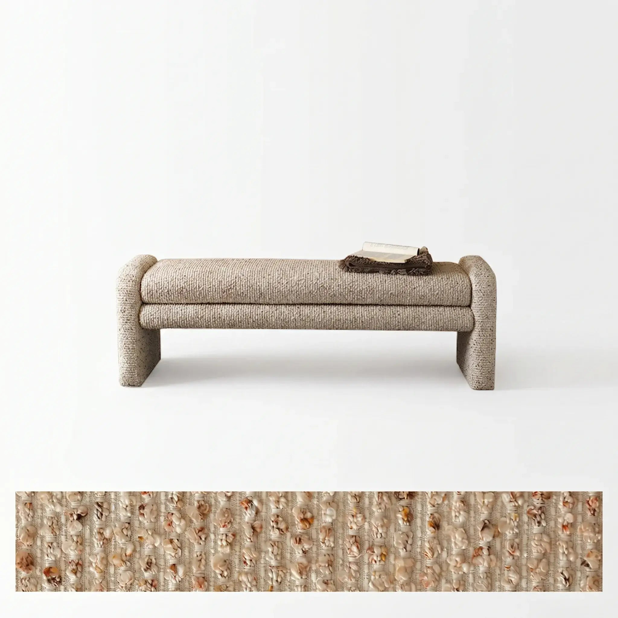 Sculptural Fabric Bedroom Bench with Solid Wood Frame and Textured Linen-Blend Upholstery