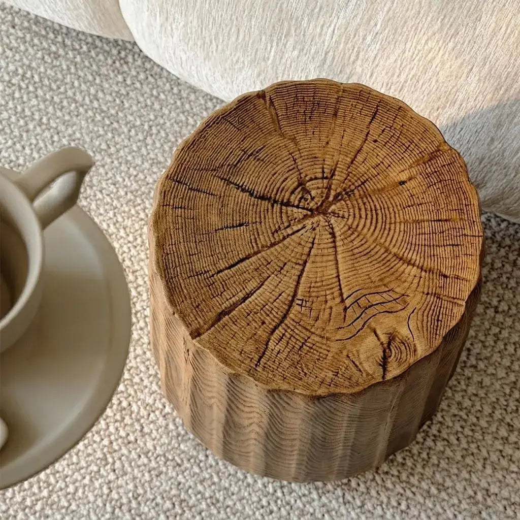 Sculptural Faux Wood Grain Drum Side Table, Lightweight Wabi Accent