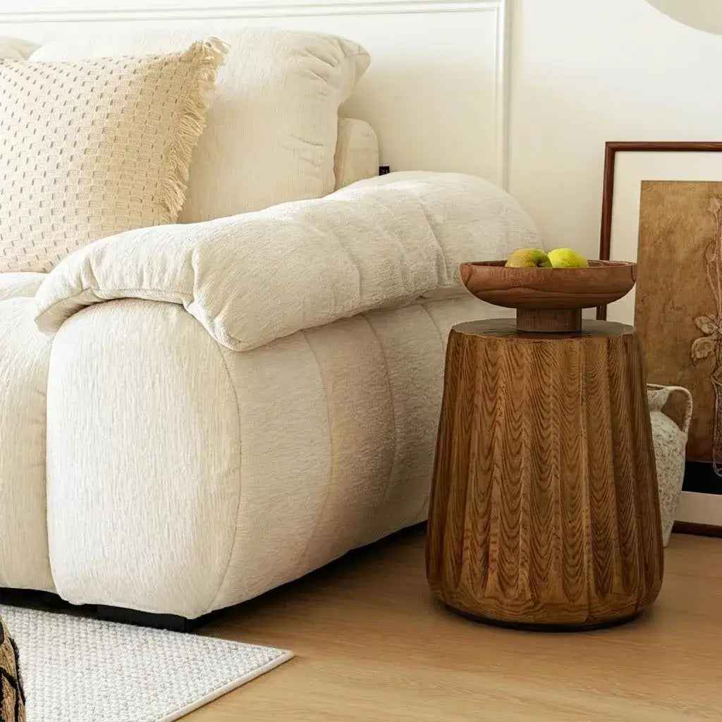 Sculptural Faux Wood Grain Drum Side Table, Lightweight Wabi Accent