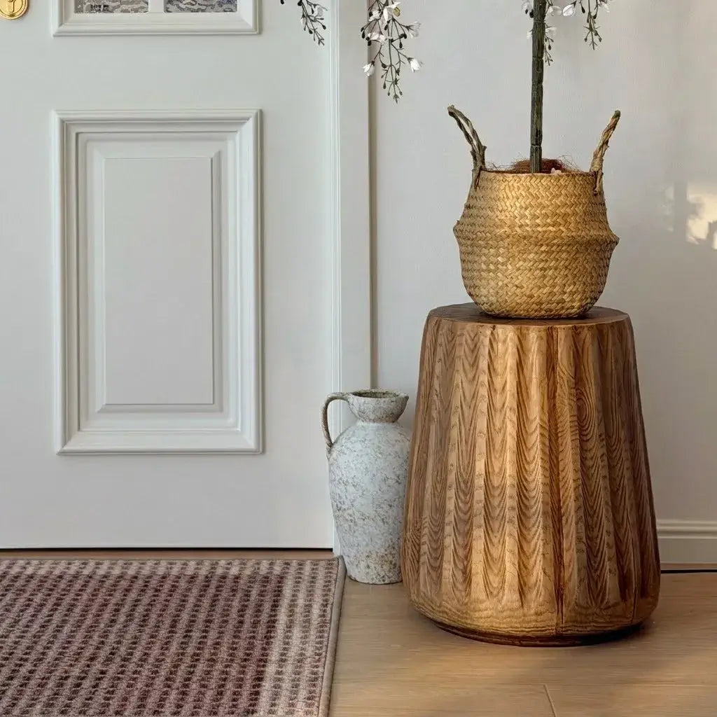 Sculptural Faux Wood Grain Drum Side Table, Lightweight Wabi Accent