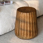 Sculptural Faux Wood Grain Drum Side Table, Lightweight Wabi Accent
