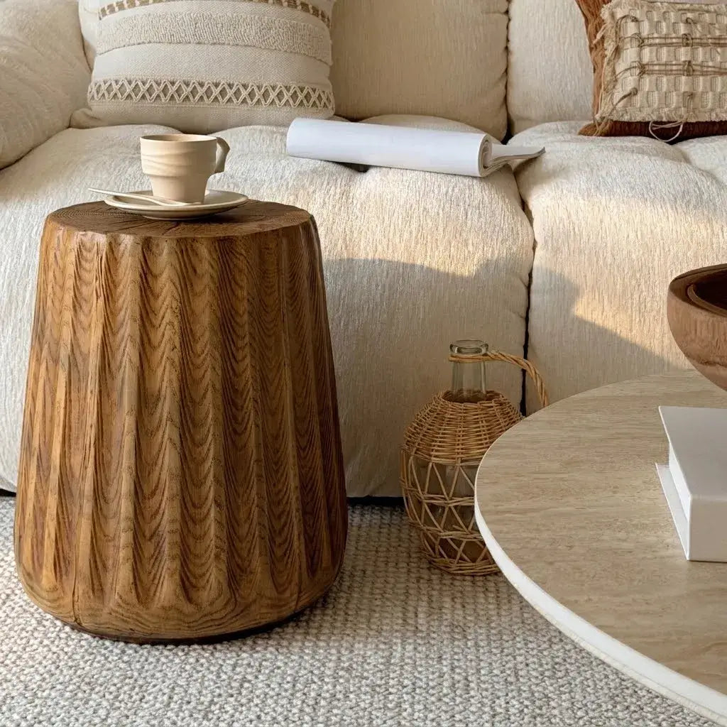 Sculptural Faux Wood Grain Drum Side Table, Lightweight Wabi Accent Main Product Image