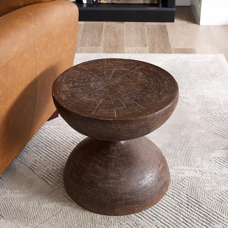 Sculptural Faux Wood Grain Hourglass End and Side Table for Living Spaces