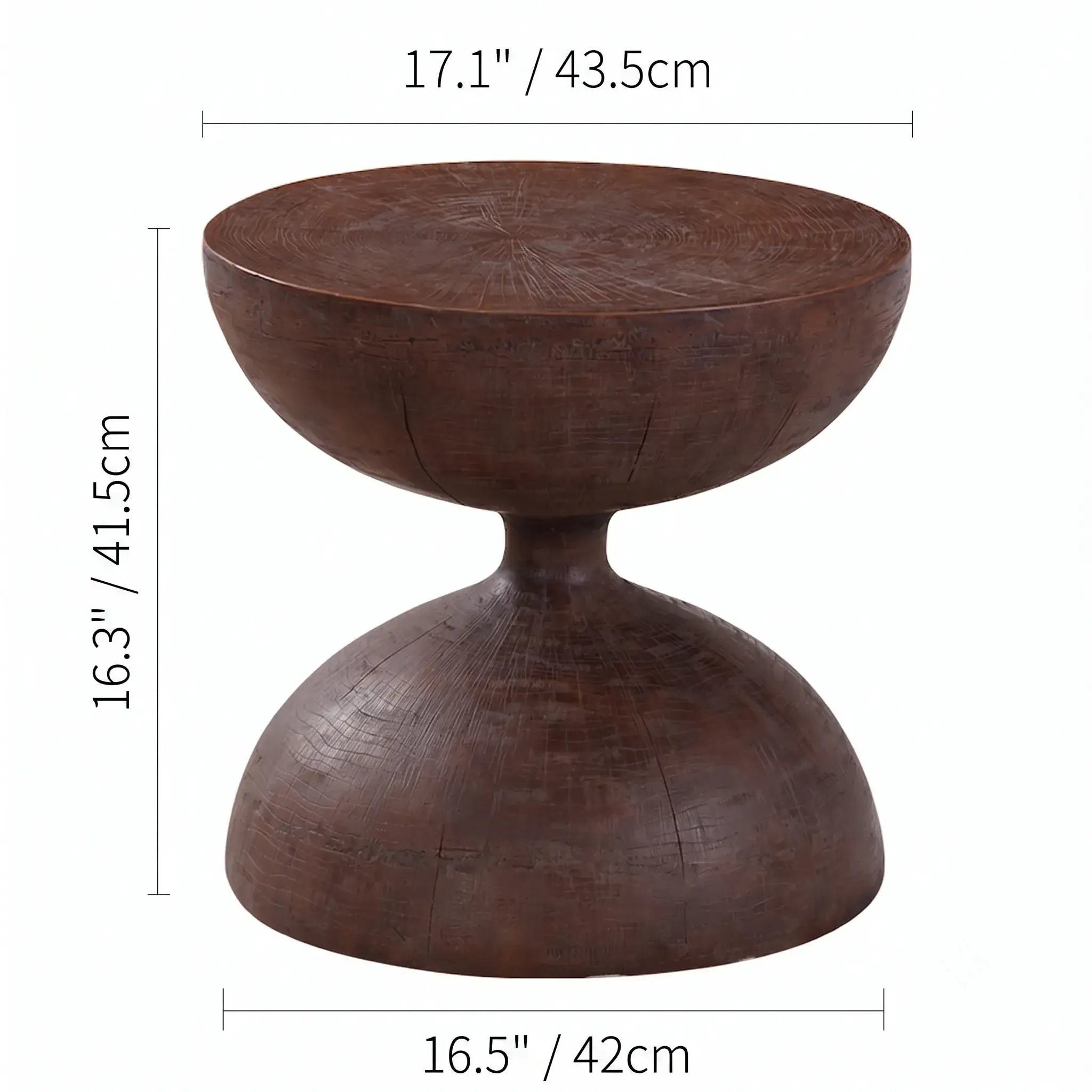 Sculptural Faux Wood Grain Hourglass End and Side Table for Living Spaces Dimensions