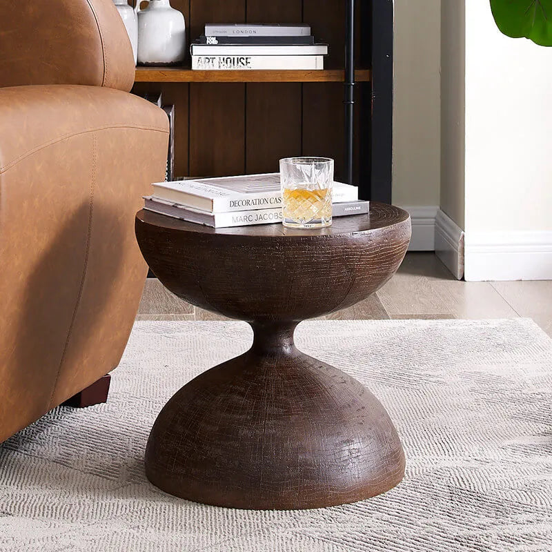 Sculptural Faux Wood Grain Hourglass End and Side Table for Living Spaces Main Product Image Main image
