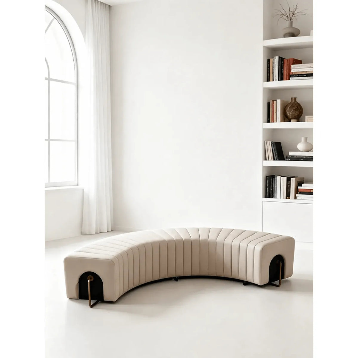 Sculptural Genuine Leather Crescent Bench with Arched Steel Base
