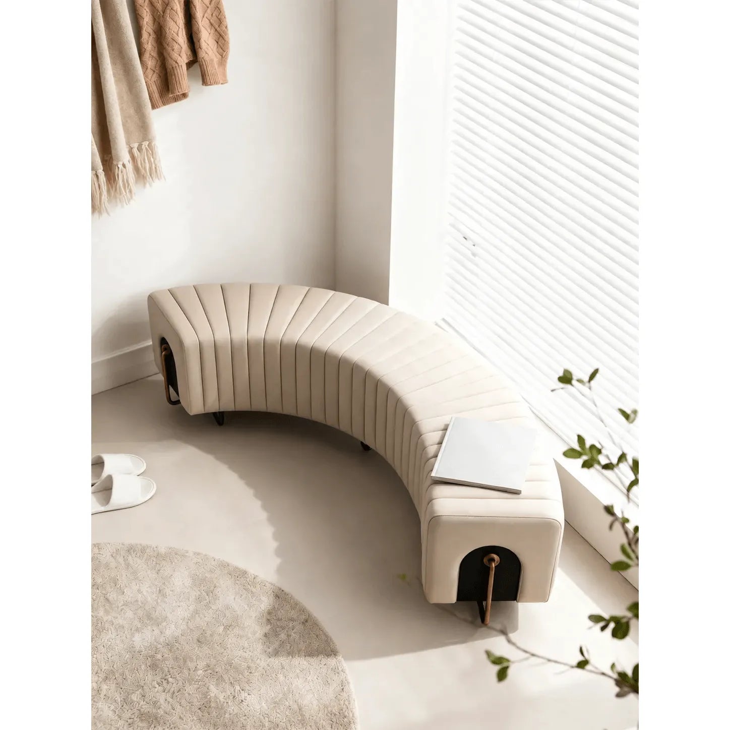 Sculptural Genuine Leather Crescent Bench with Arched Steel Base