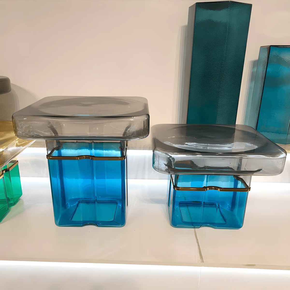 Sculptural Glass Accent Table Series With Gradient Tones and Rounded Block Forms