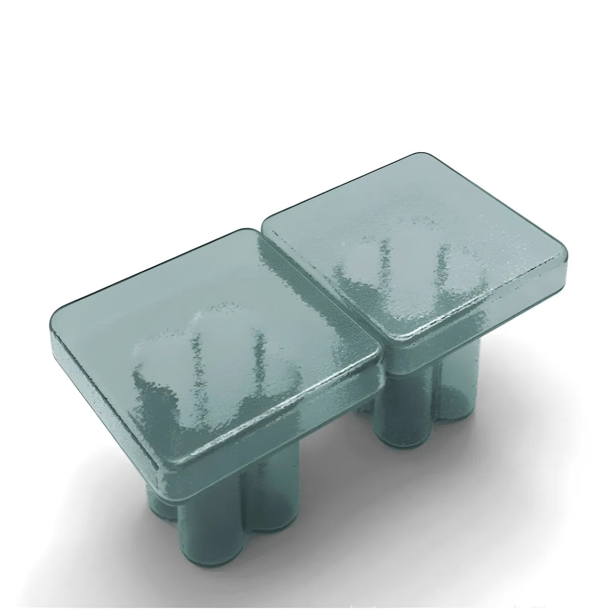 Sculptural Glass Accent Table Series With Gradient Tones and Rounded Block Forms