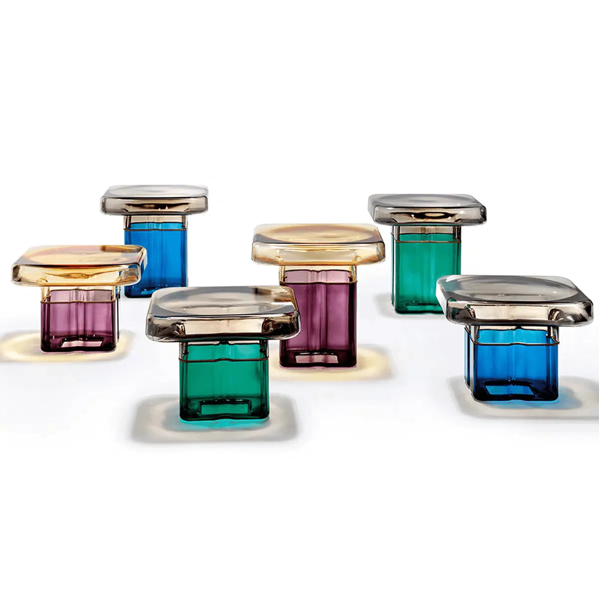Sculptural Glass Accent Table Series With Gradient Tones and Rounded Block Forms Main Product Image Hauptbild