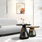 Sculptural Glass Accent Table Series with Hourglass Base for Layered Living Spaces