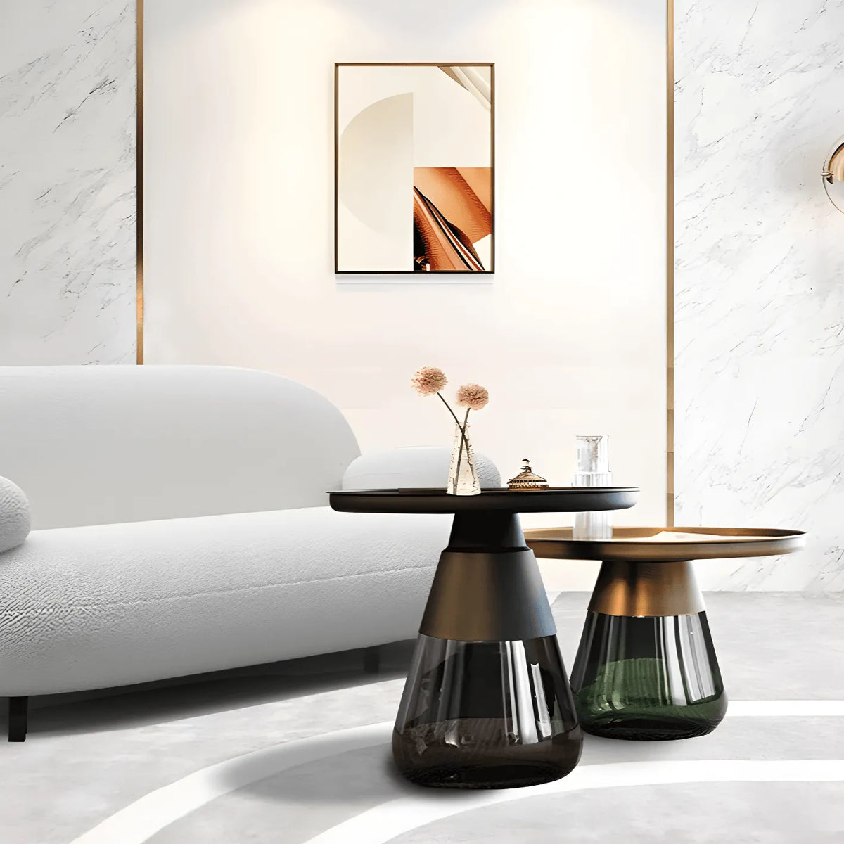 Sculptural Glass Accent Table Series with Hourglass Base for Layered Living Spaces