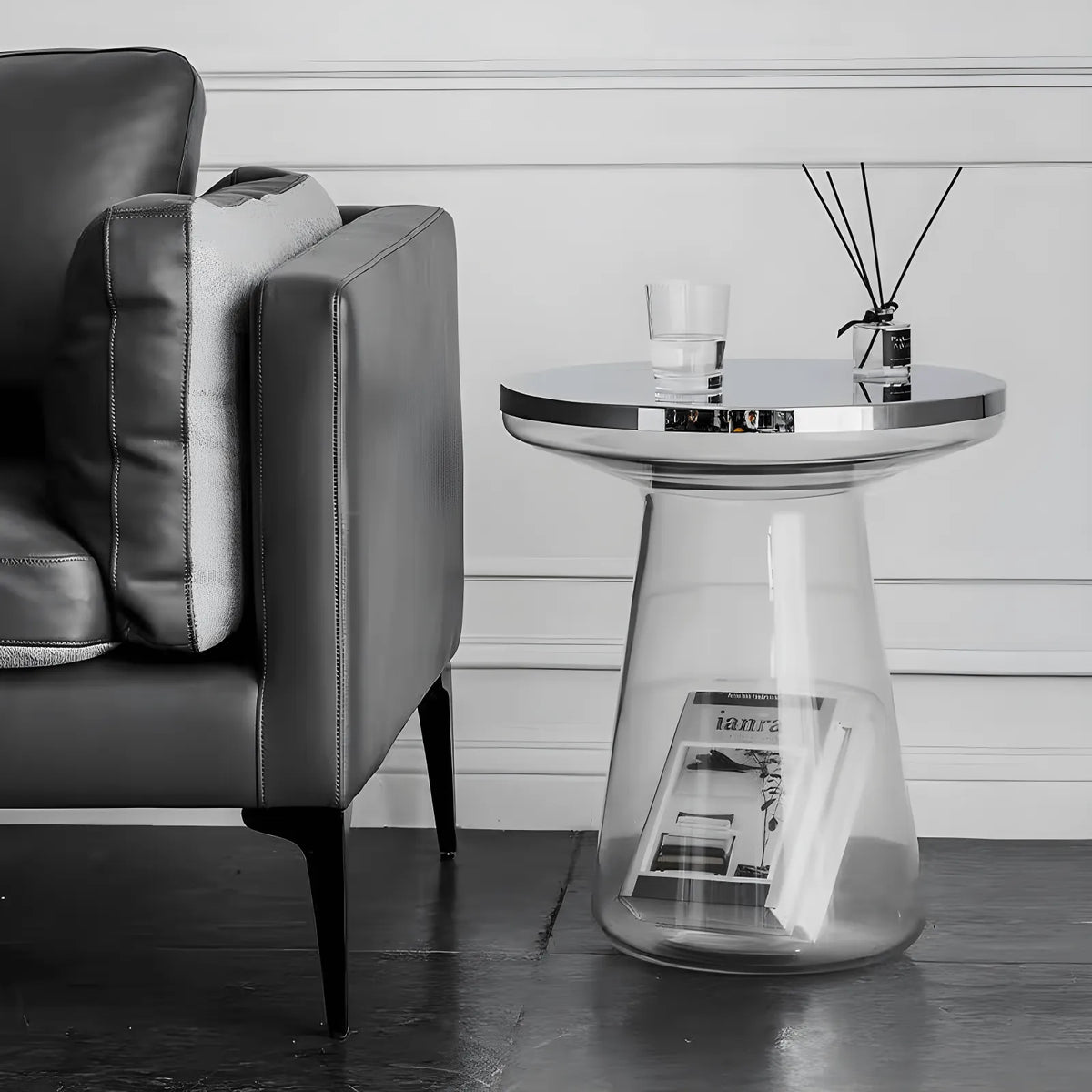 Sculptural Glass Accent Table with Metal Trim for Living Room Corners