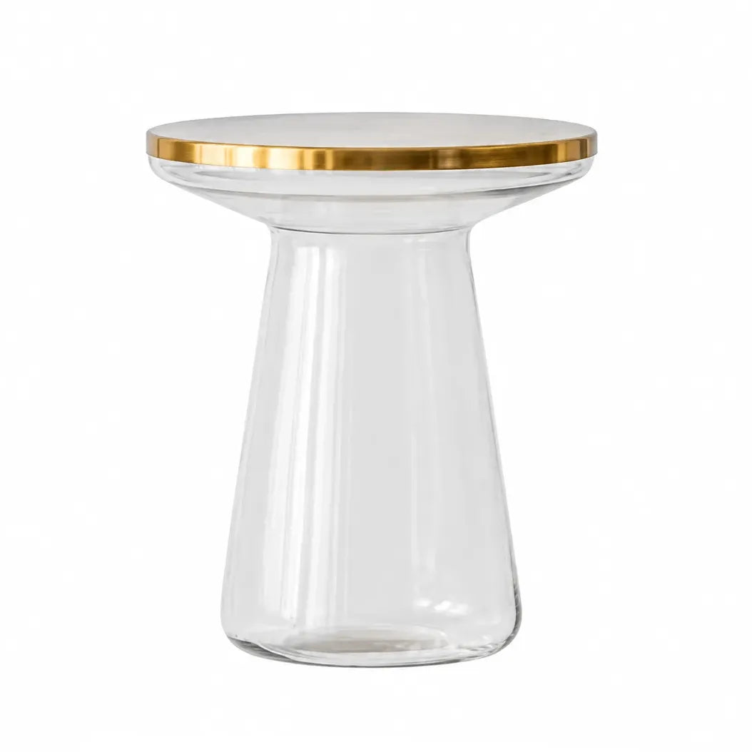 Sculptural Glass Accent Table with Metal Trim for Living Room Corners