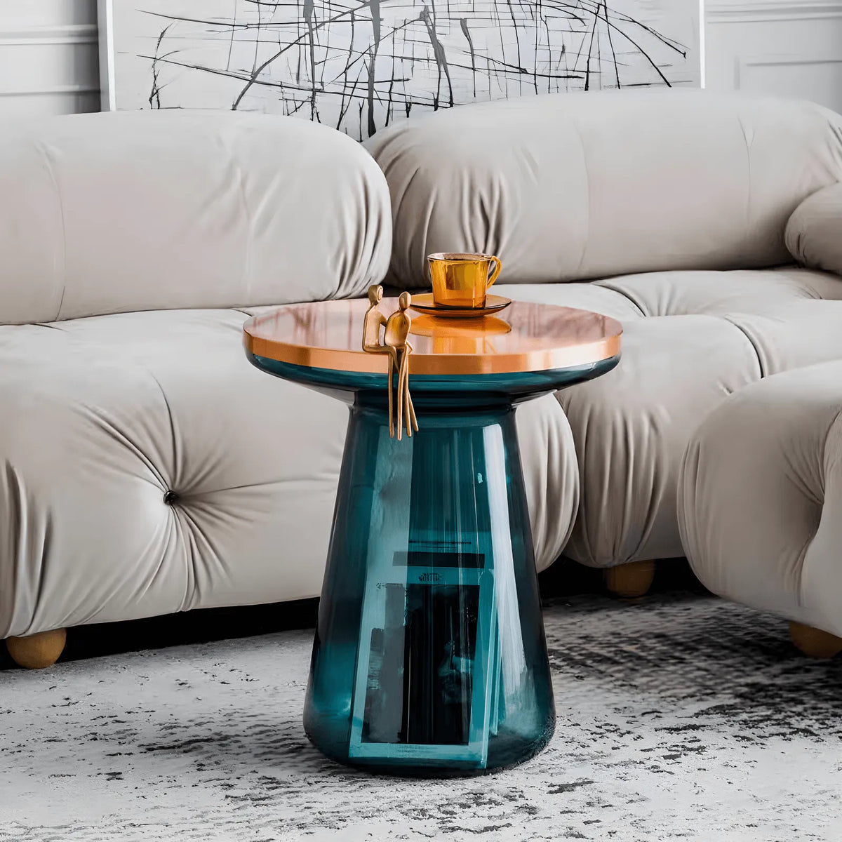 Sculptural Glass Accent Table with Metal Trim for Living Room Corners