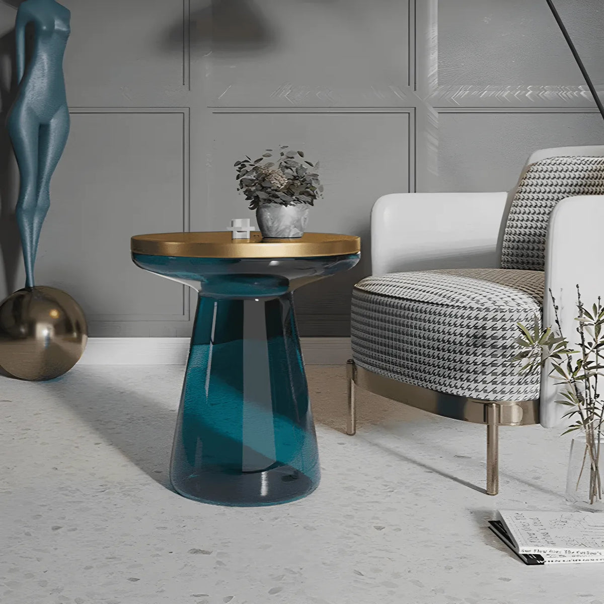 Sculptural Glass Accent Table with Metal Trim for Living Room Corners