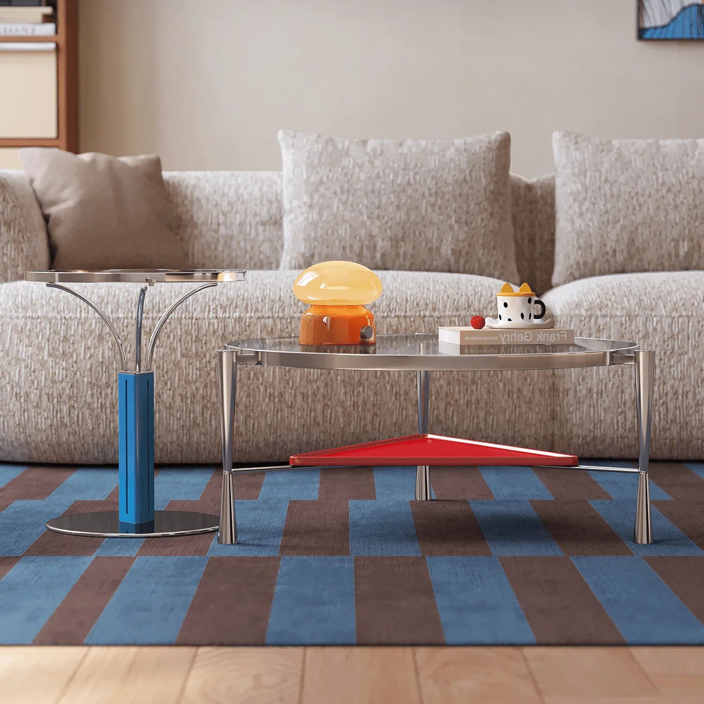 Sculptural Glass Coffee Table with Red Tier and Stainless Steel Frame Secondary image