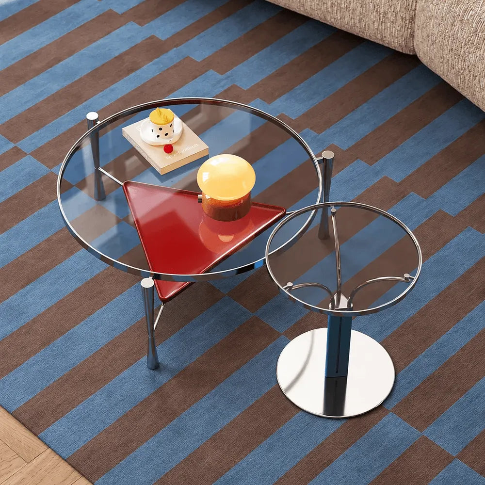 Sculptural Glass Coffee Table with Red Tier and Stainless Steel Frame