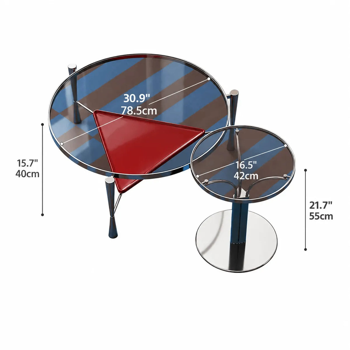 Sculptural Glass Coffee Table with Red Tier and Stainless Steel Frame Dimensions