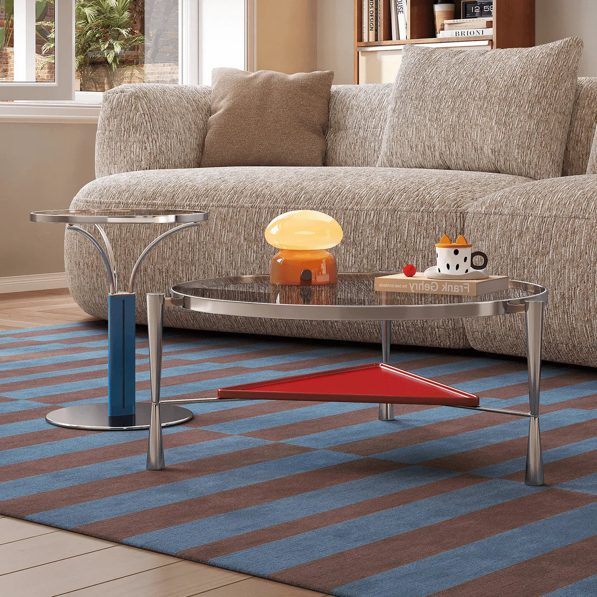 Sculptural Glass Coffee Table with Red Tier and Stainless Steel Frame Main Product Image Main image