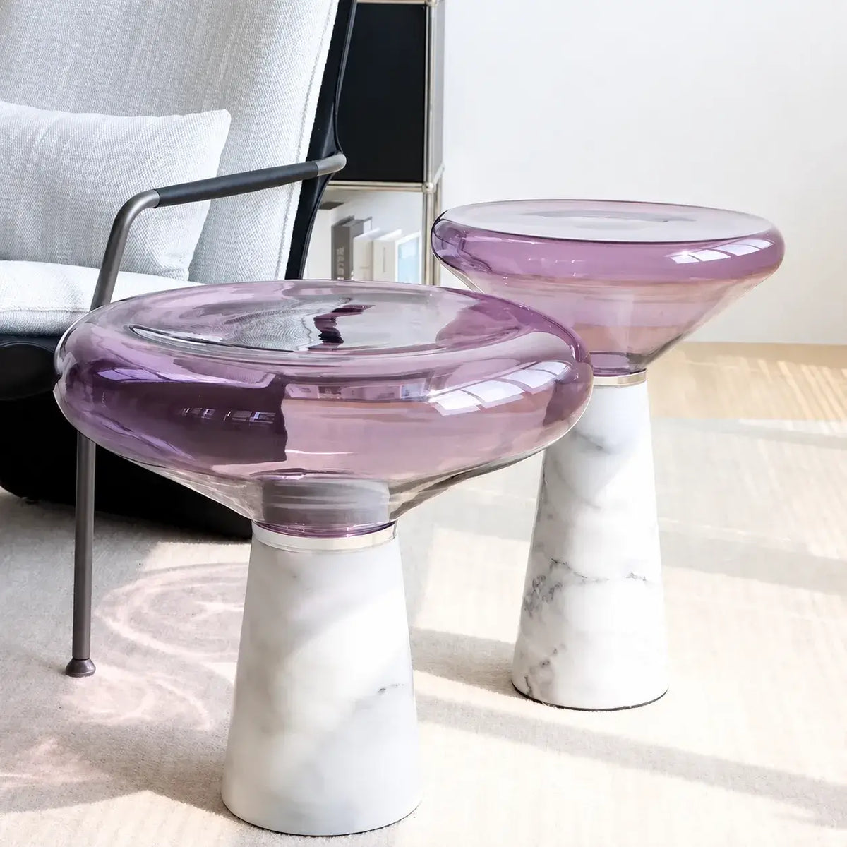 Sculptural Glass Mushroom Cloud Side Table with Marble Pedestal Base