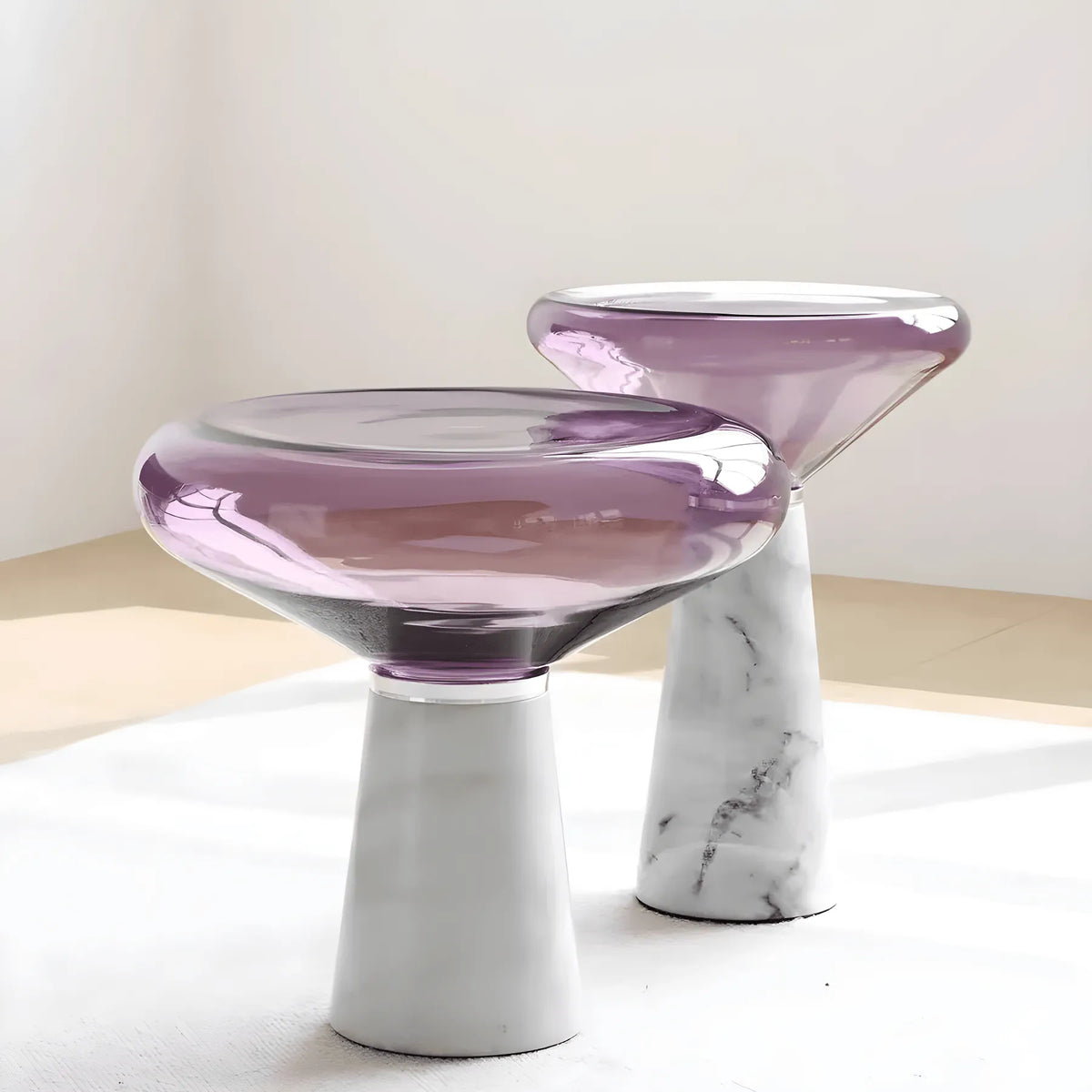 Sculptural Glass Mushroom Cloud Side Table with Marble Pedestal Base Main Product Image
