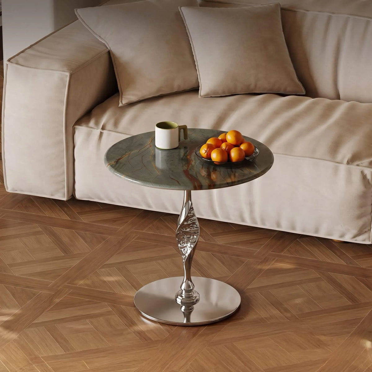Sculptural Green Marble Side Table With Twisted Silver Pedestal Base Main Product Image Main image