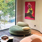 Sculptural Green Round Sofa With Asymmetrical Curve Back for Open Living