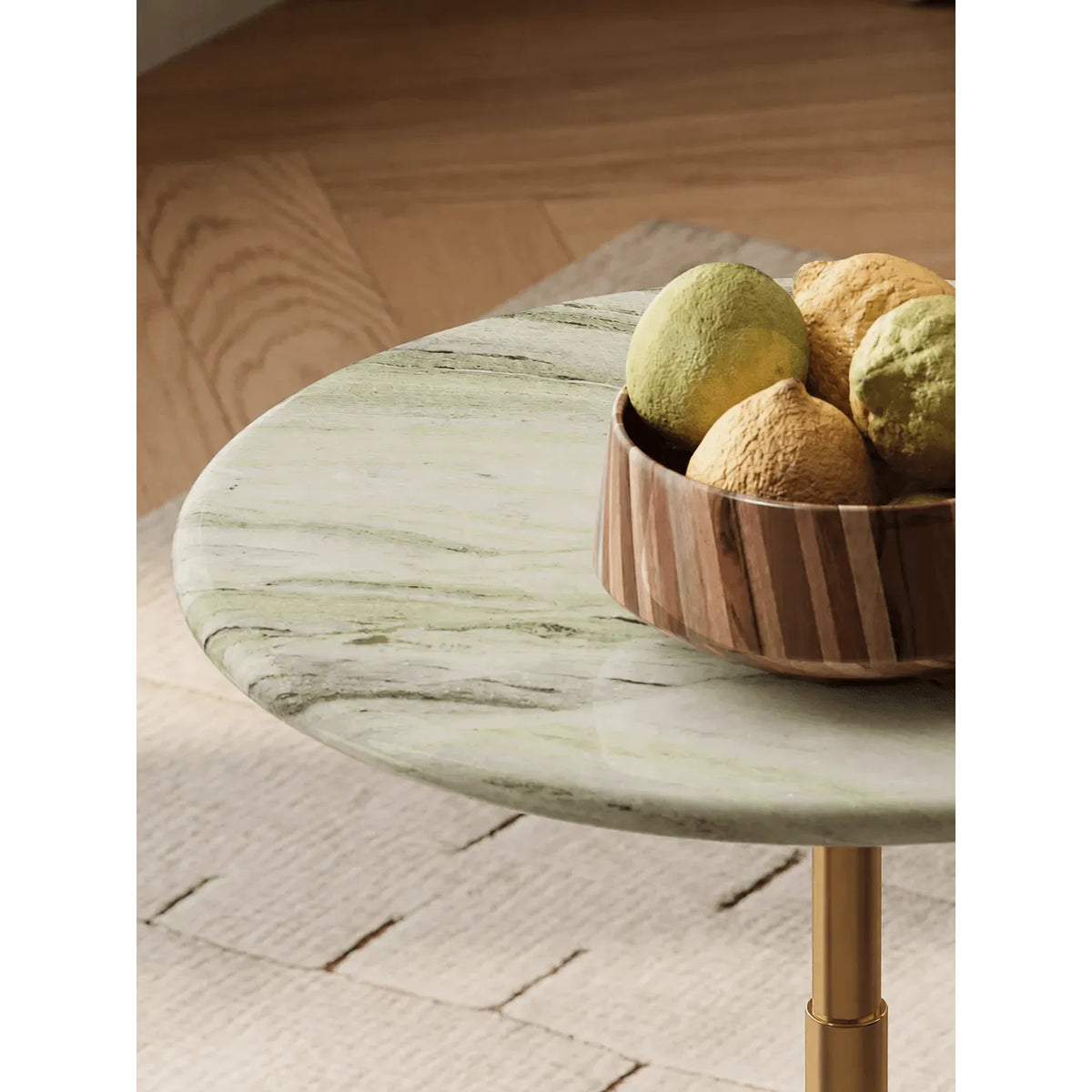 Sculptural Green Veined Marble Side Table With Warm Metal Pedestal