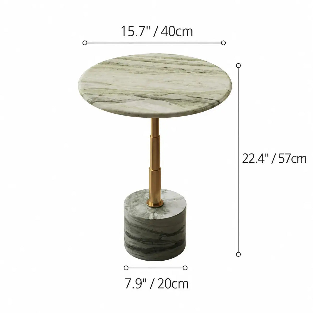 Sculptural Green Veined Marble Side Table With Warm Metal Pedestal Dimensions