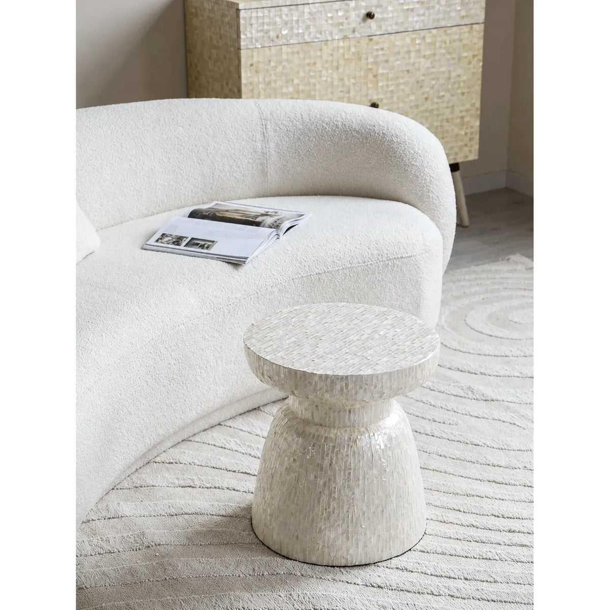 Sculptural Hand-Inlaid Mother of Pearl Side Table, Iridescent Drum Accent