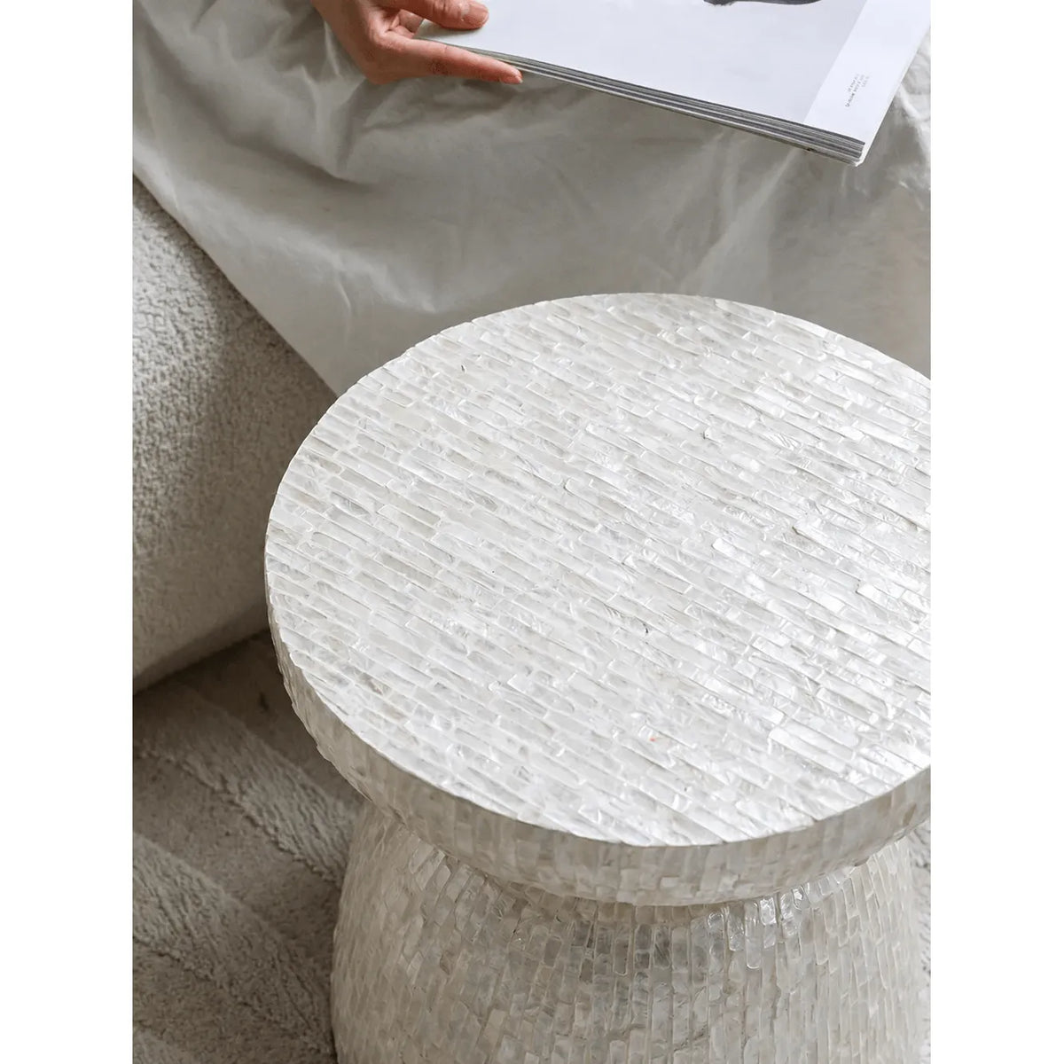 Sculptural Hand-Inlaid Mother of Pearl Side Table, Iridescent Drum Accent