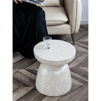 Sculptural Hand-Inlaid Mother of Pearl Side Table, Iridescent Drum Accent