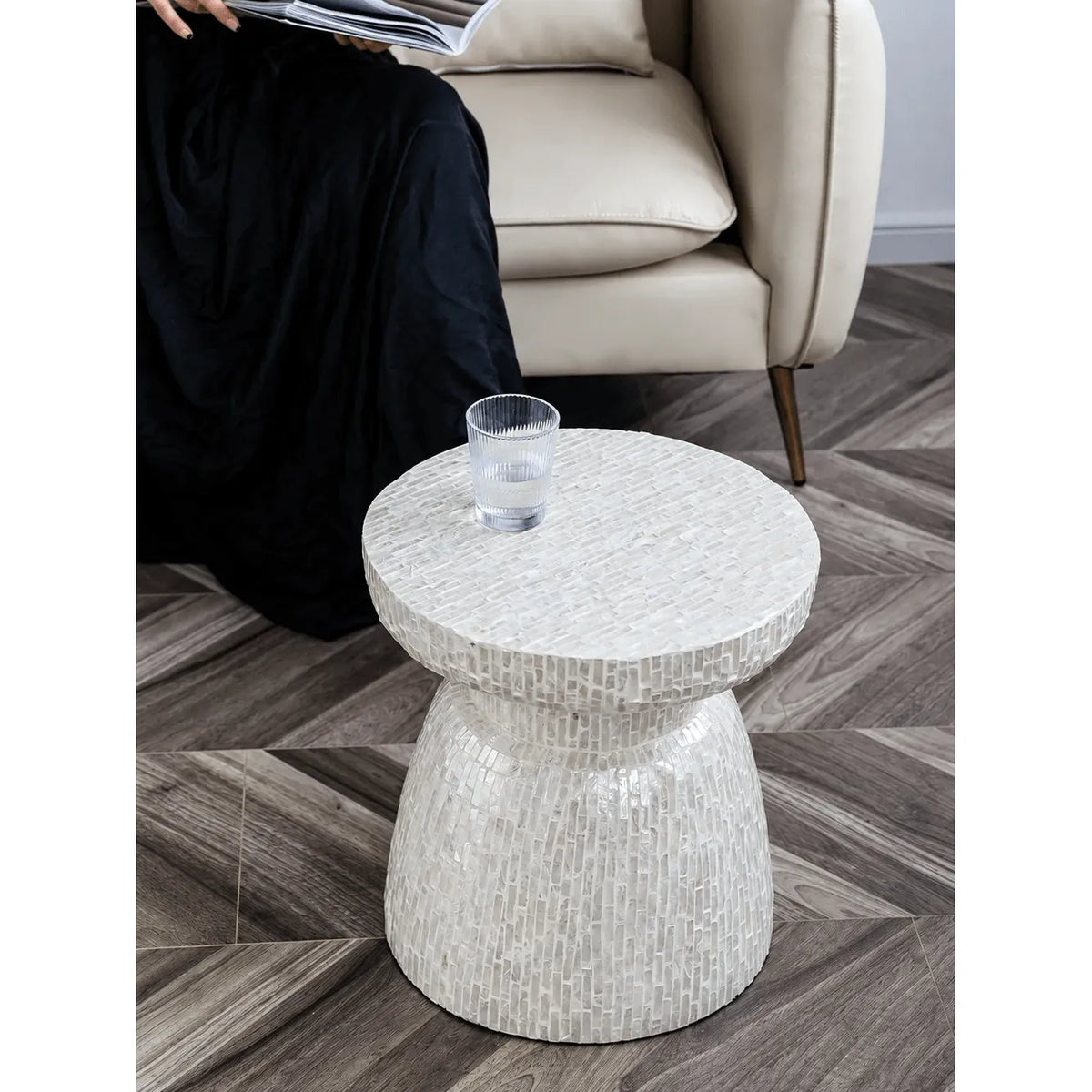 Sculptural Hand-Inlaid Mother of Pearl Side Table, Iridescent Drum Accent