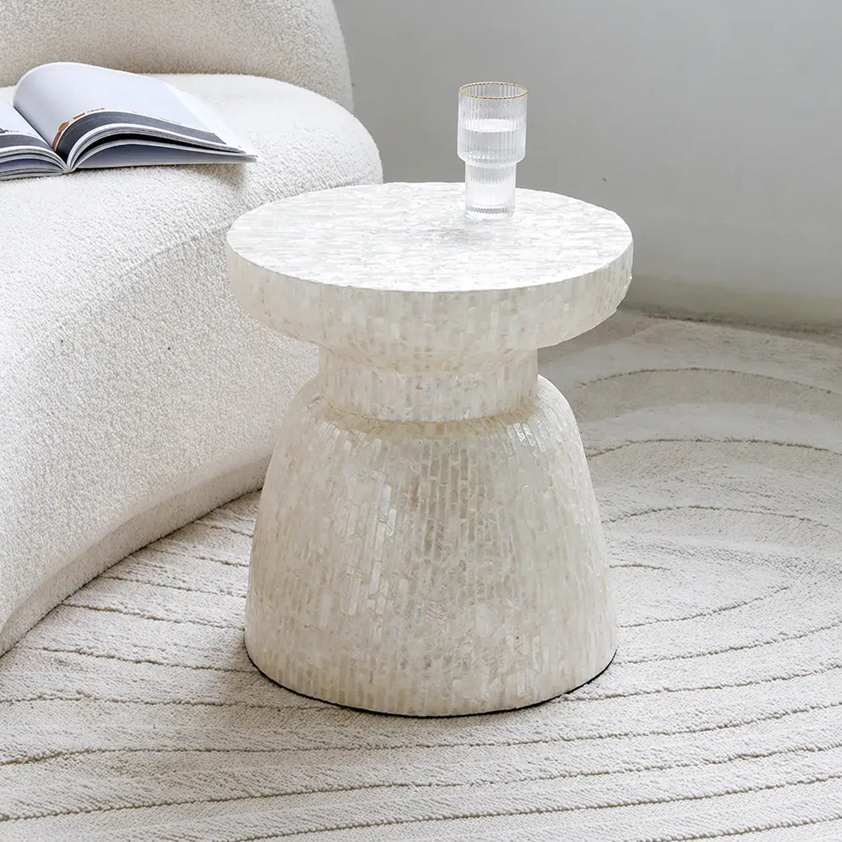 Sculptural Hand-Inlaid Mother of Pearl Side Table, Iridescent Drum Accent