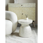 Sculptural Hand-Inlaid Mother of Pearl Side Table, Iridescent Drum Accent