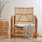Sculptural Handwoven Rattan Lounge Chair in Japandi Natural Wood Tone