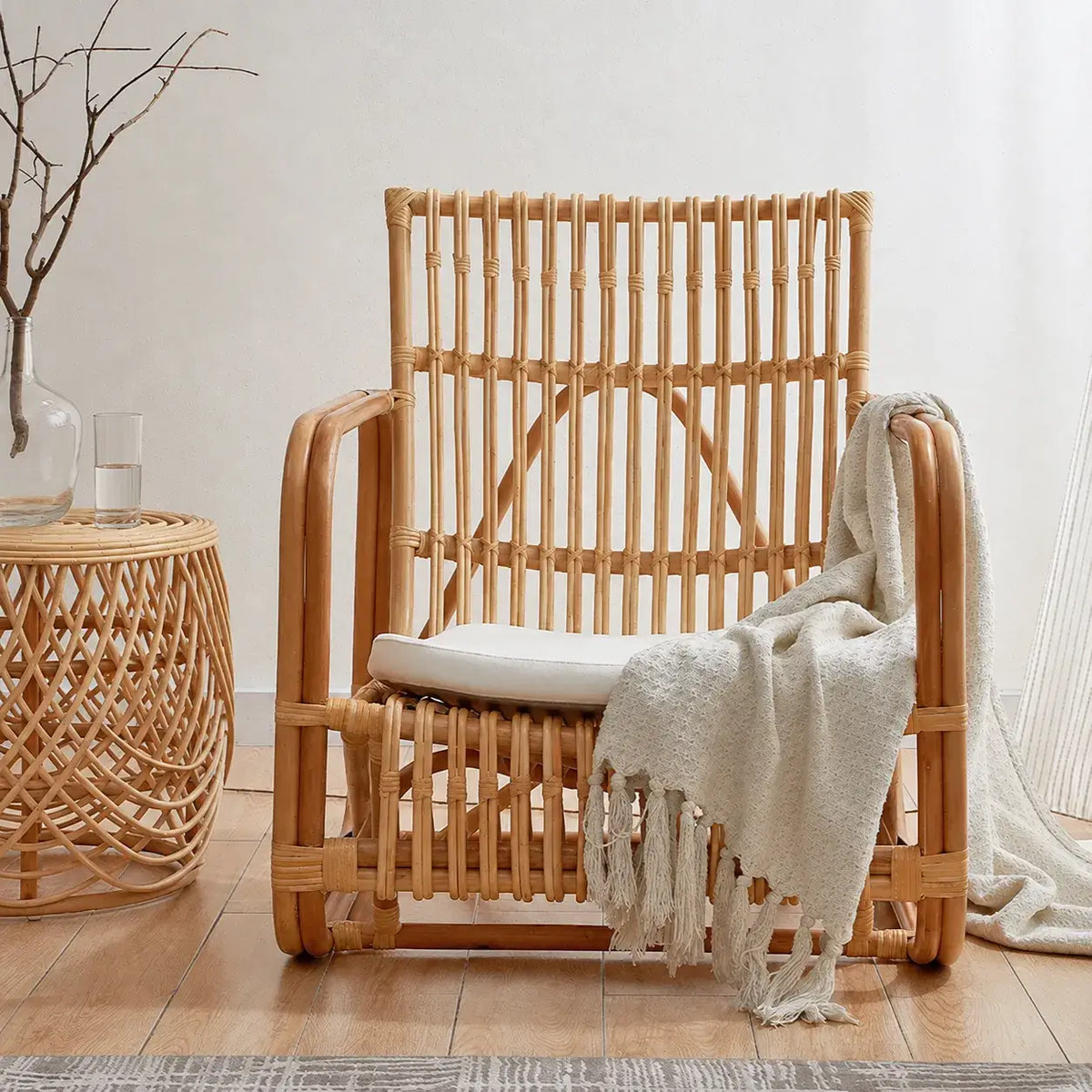 Sculptural Handwoven Rattan Lounge Chair in Japandi Natural Wood Tone