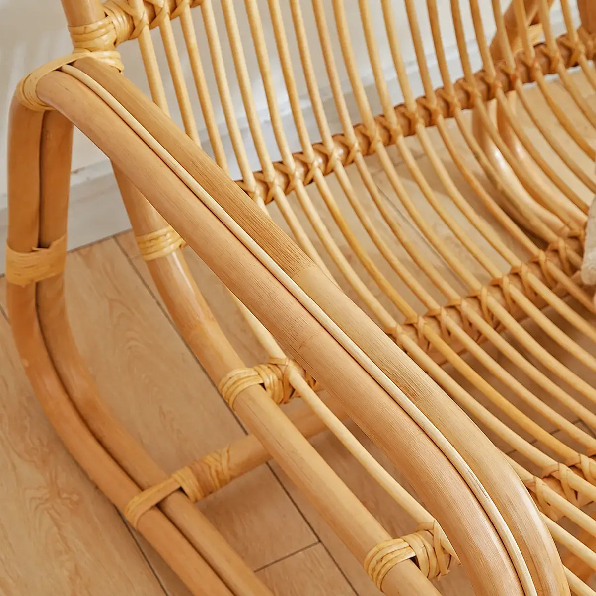 Sculptural Handwoven Rattan Lounge Chair in Japandi Natural Wood Tone