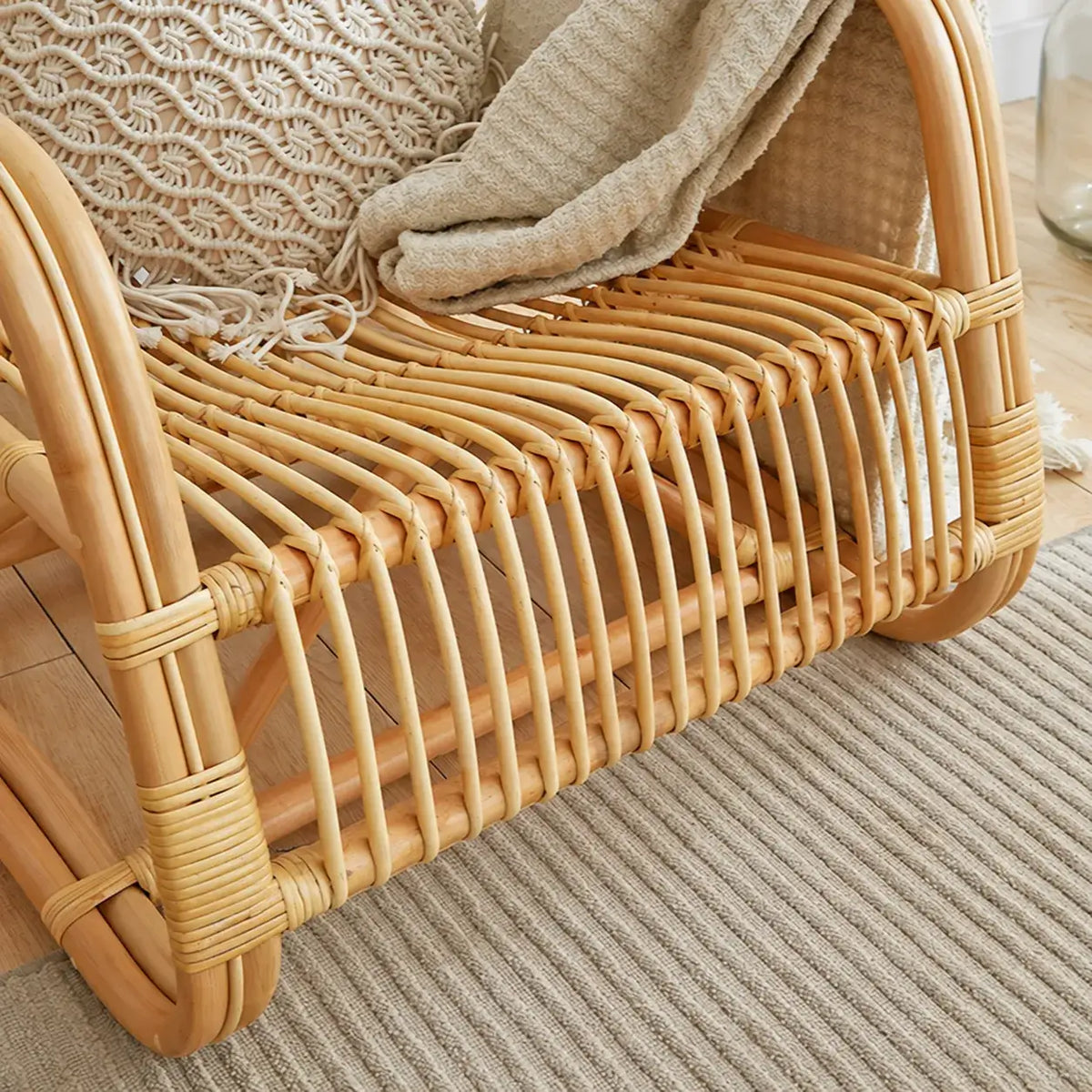 Sculptural Handwoven Rattan Lounge Chair in Japandi Natural Wood Tone