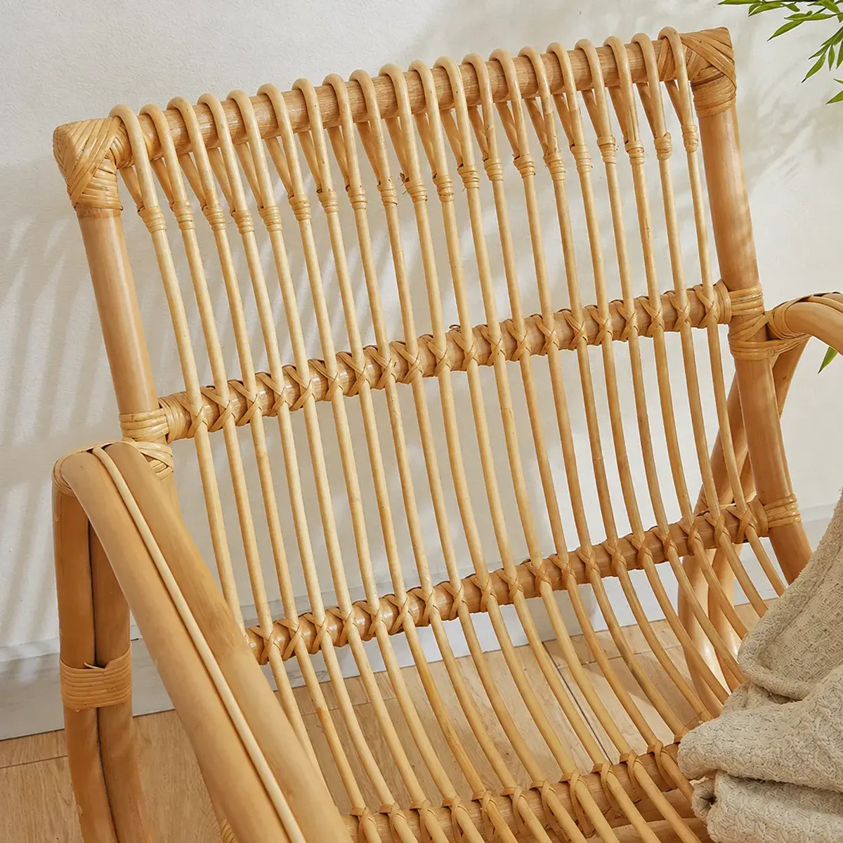 Sculptural Handwoven Rattan Lounge Chair in Japandi Natural Wood Tone