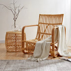 Sculptural Handwoven Rattan Lounge Chair in Japandi Natural Wood Tone