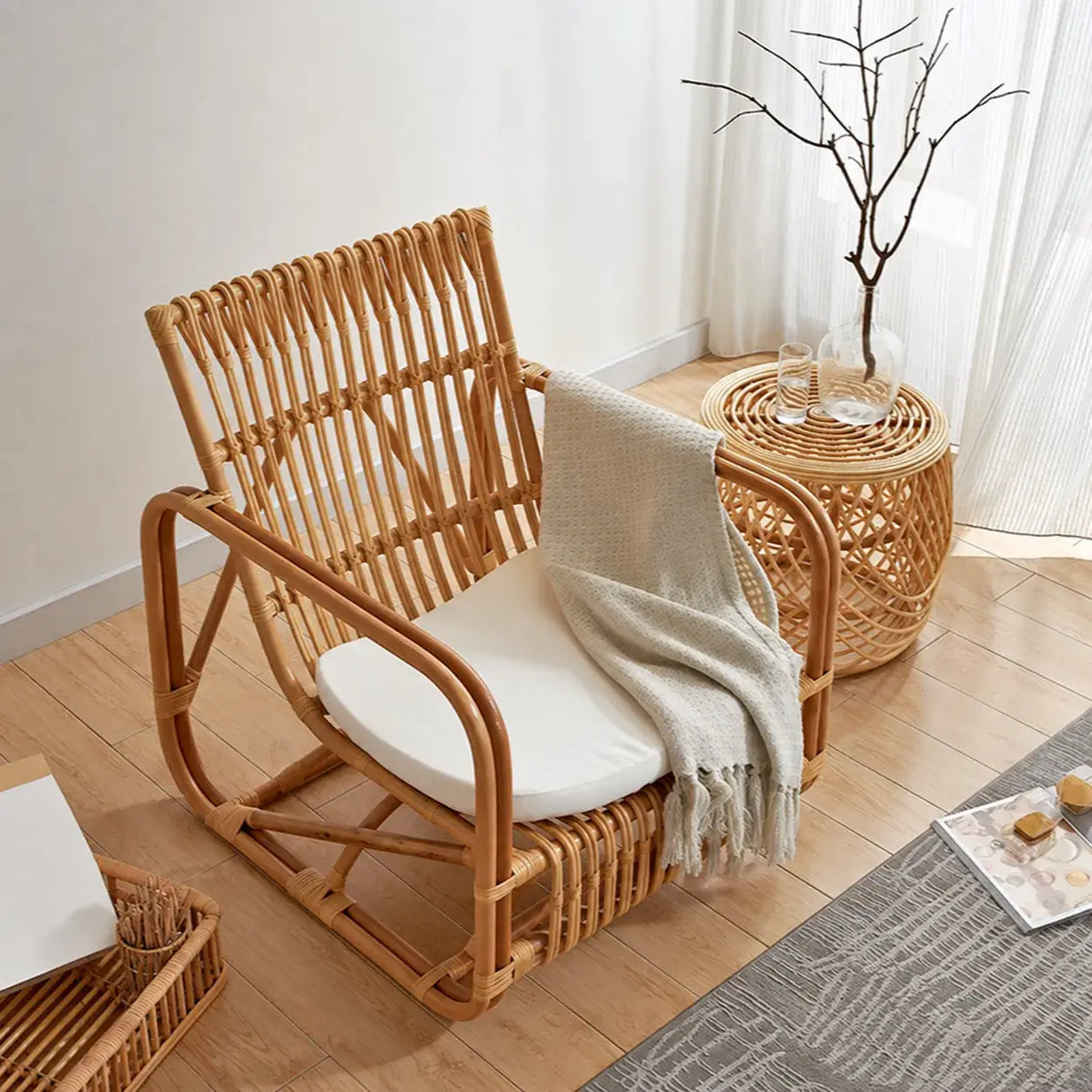 Sculptural Handwoven Rattan Lounge Chair in Japandi Natural Wood Tone