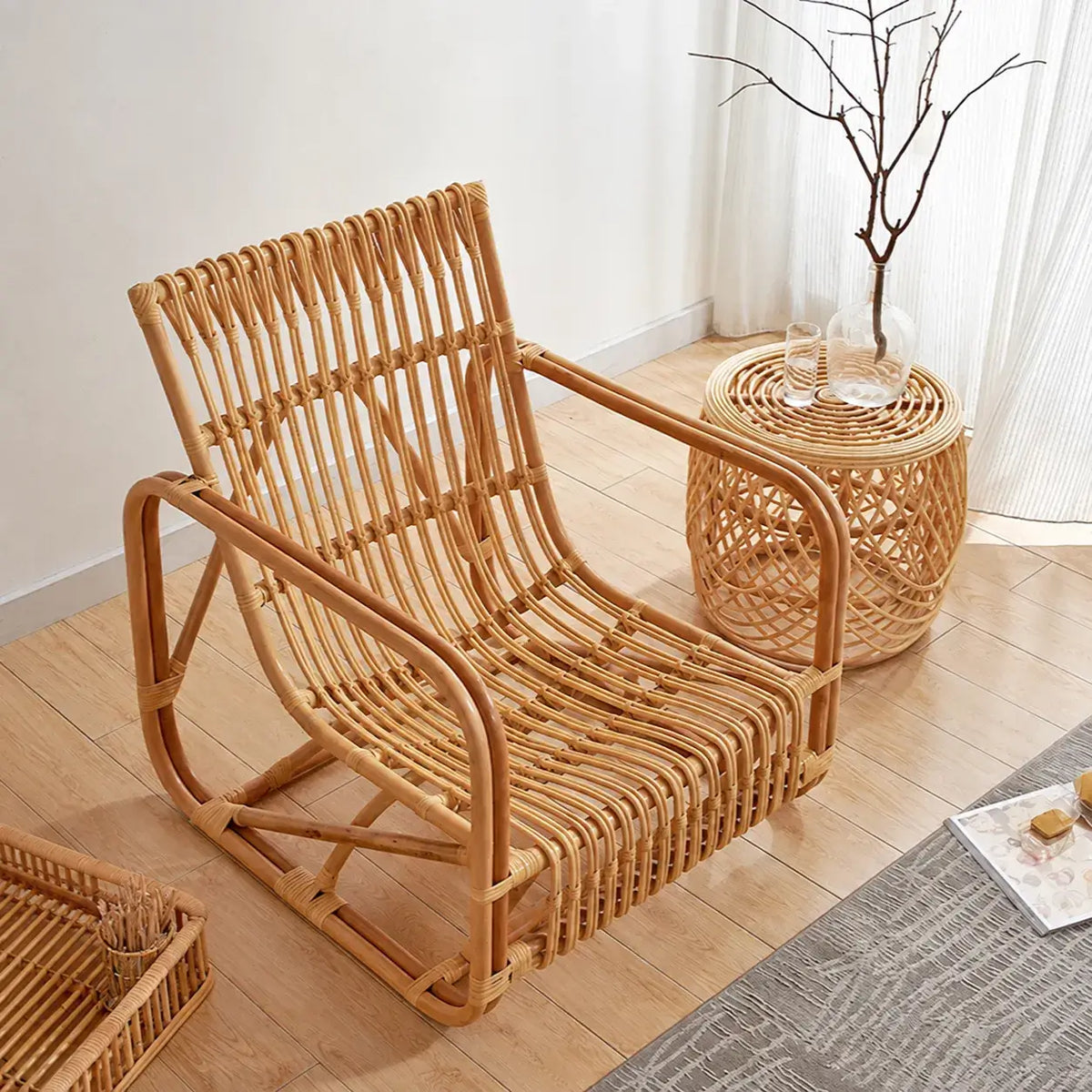 Sculptural Handwoven Rattan Lounge Chair in Japandi Natural Wood Tone