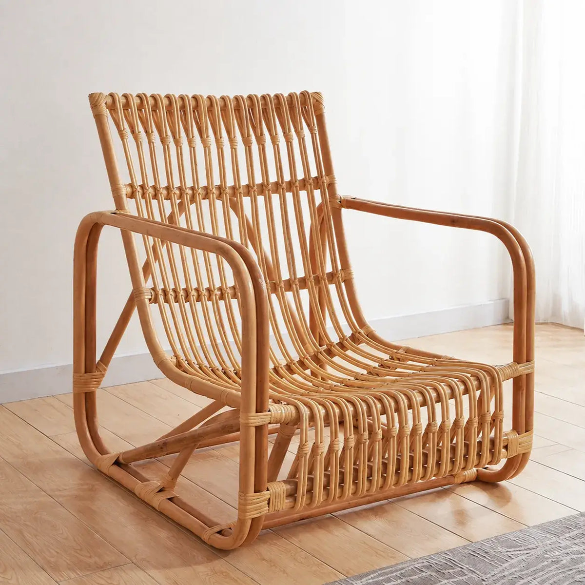 Sculptural Handwoven Rattan Lounge Chair in Japandi Natural Wood Tone
