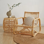 Sculptural Handwoven Rattan Lounge Chair in Japandi Natural Wood Tone