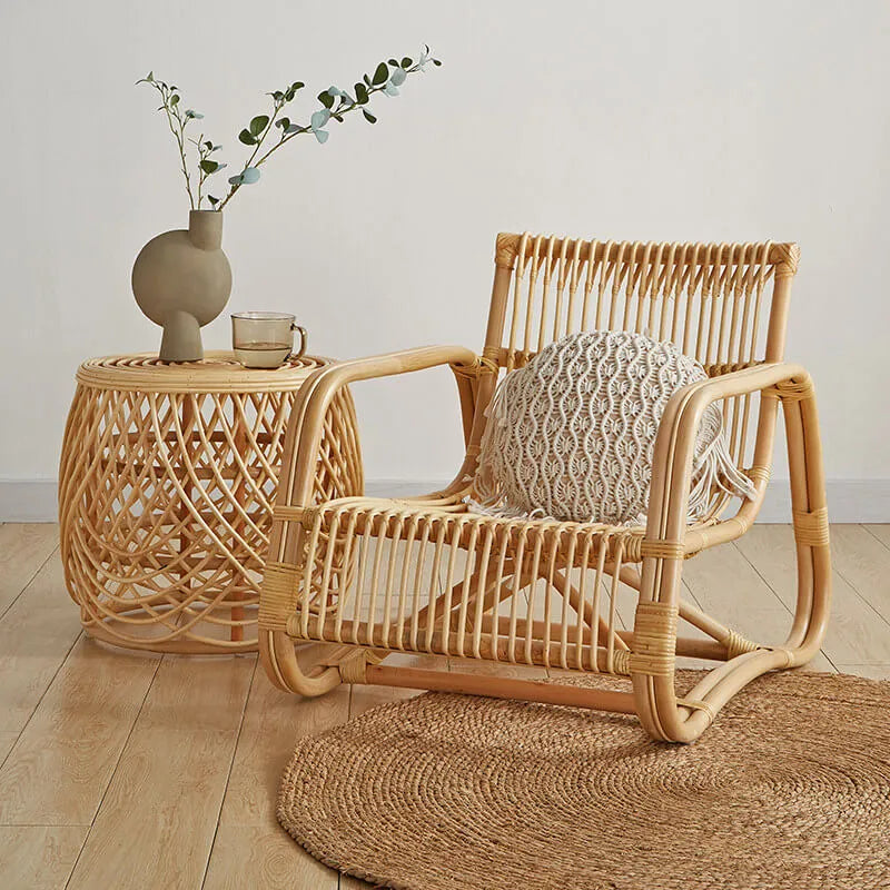 Sculptural Handwoven Rattan Lounge Chair in Japandi Natural Wood Tone