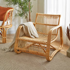 Sculptural Handwoven Rattan Lounge Chair in Japandi Natural Wood Tone