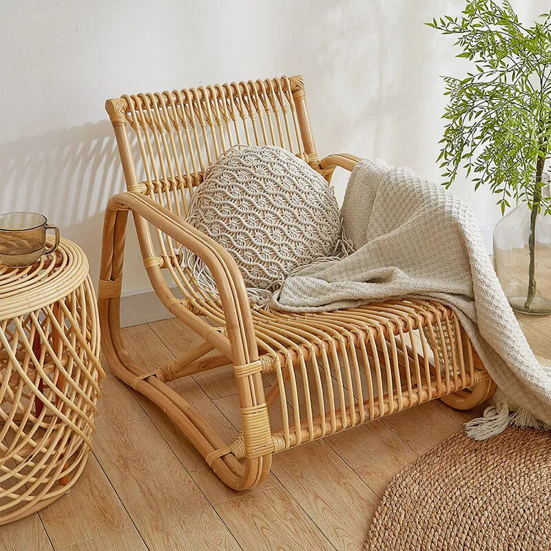 Sculptural Handwoven Rattan Lounge Chair in Japandi Natural Wood Tone Main Product Image Main image