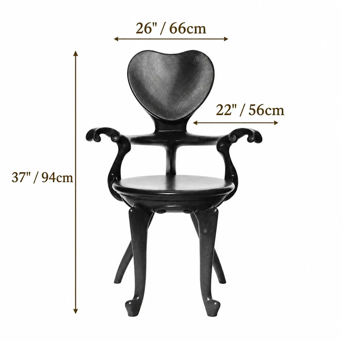 Sculptural Heartback Carved Wood Armchair with Curved Arms